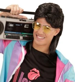 WIDMANN Zwarte Vokuhila-pruik Met Bril